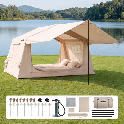 VEVOR Inflatable Tent for Camping 2-4 Person Blow Up Tent with Hand Pump, for Family Outdoor Glamping, Waterproof 420D Oxford, Easy Setup Air House with Skylight, Canopy, Stove Jack & Mesh Windows - CQSMGBMS8YTMRIB9L001V0 - view 2