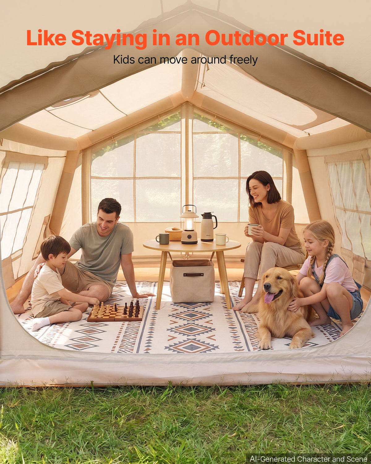 VEVOR Inflatable Tent for Camping 2-4 Person Blow Up Tent with Hand Pump, for Family Outdoor Glamping, Waterproof 420D Oxford, Easy Setup Air House with Skylight, Canopy, Stove Jack & Mesh Windows - CQSMGBMS8YTMRIB9L001V0 - view 3