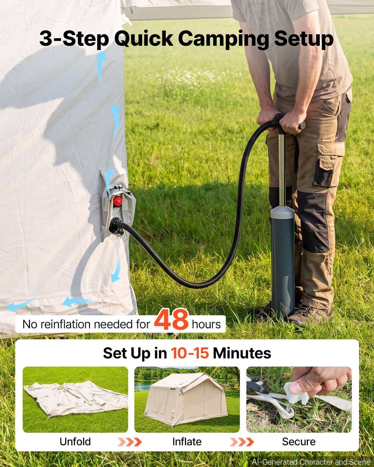 VEVOR Inflatable Tent for Camping 2-4 Person Blow Up Tent with Hand Pump, for Family Outdoor Glamping, Waterproof 420D Oxford, Easy Setup Air House with Skylight, Canopy, Stove Jack & Mesh Windows - CQSMGBMS8YTMRIB9L001V0 - view 5