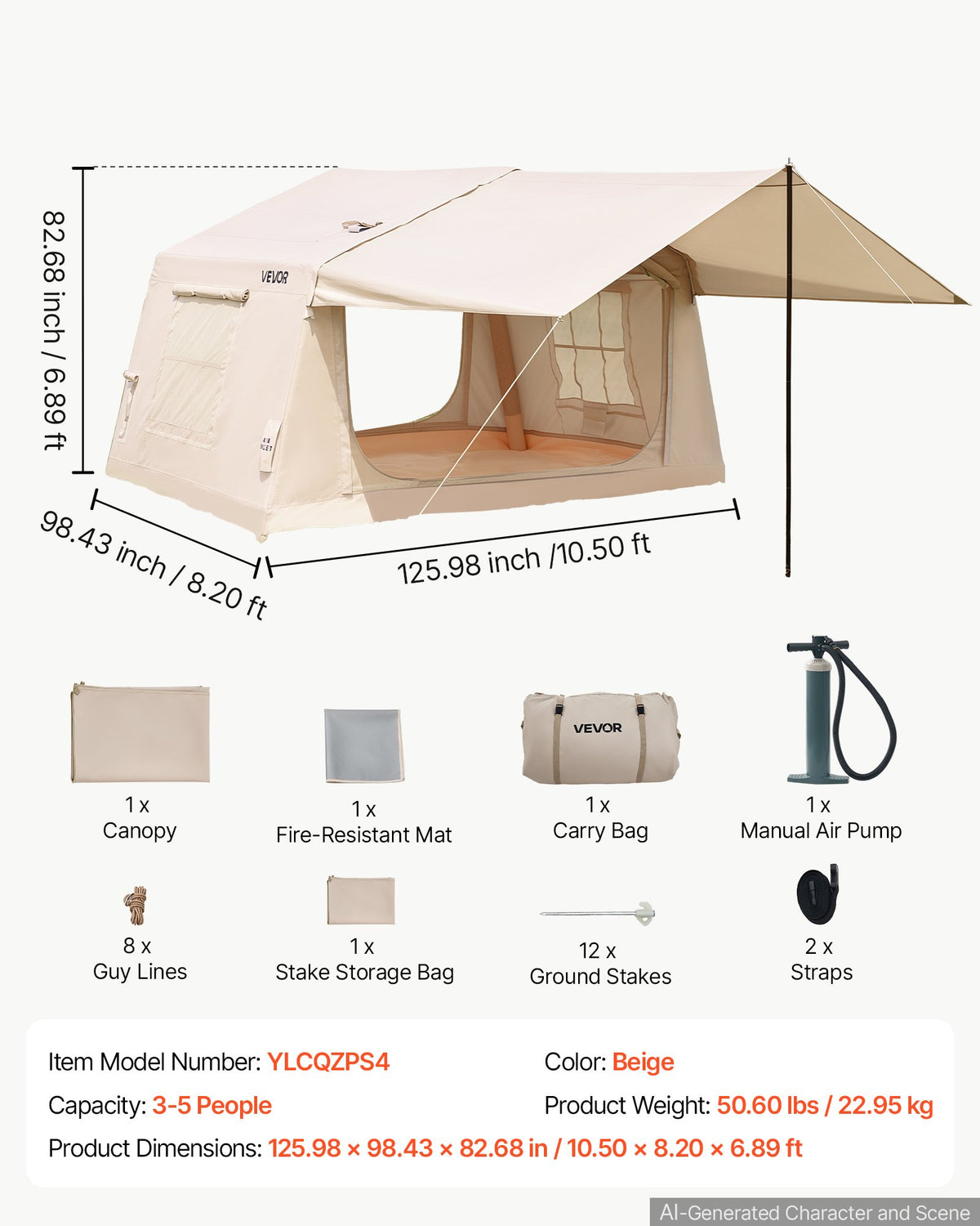 VEVOR Inflatable Tent for Camping 2-4 Person Blow Up Tent with Hand Pump, for Family Outdoor Glamping, Waterproof 420D Oxford, Easy Setup Air House with Skylight, Canopy, Stove Jack & Mesh Windows - CQSMGBMS8YTMRIB9L001V0 - view 8