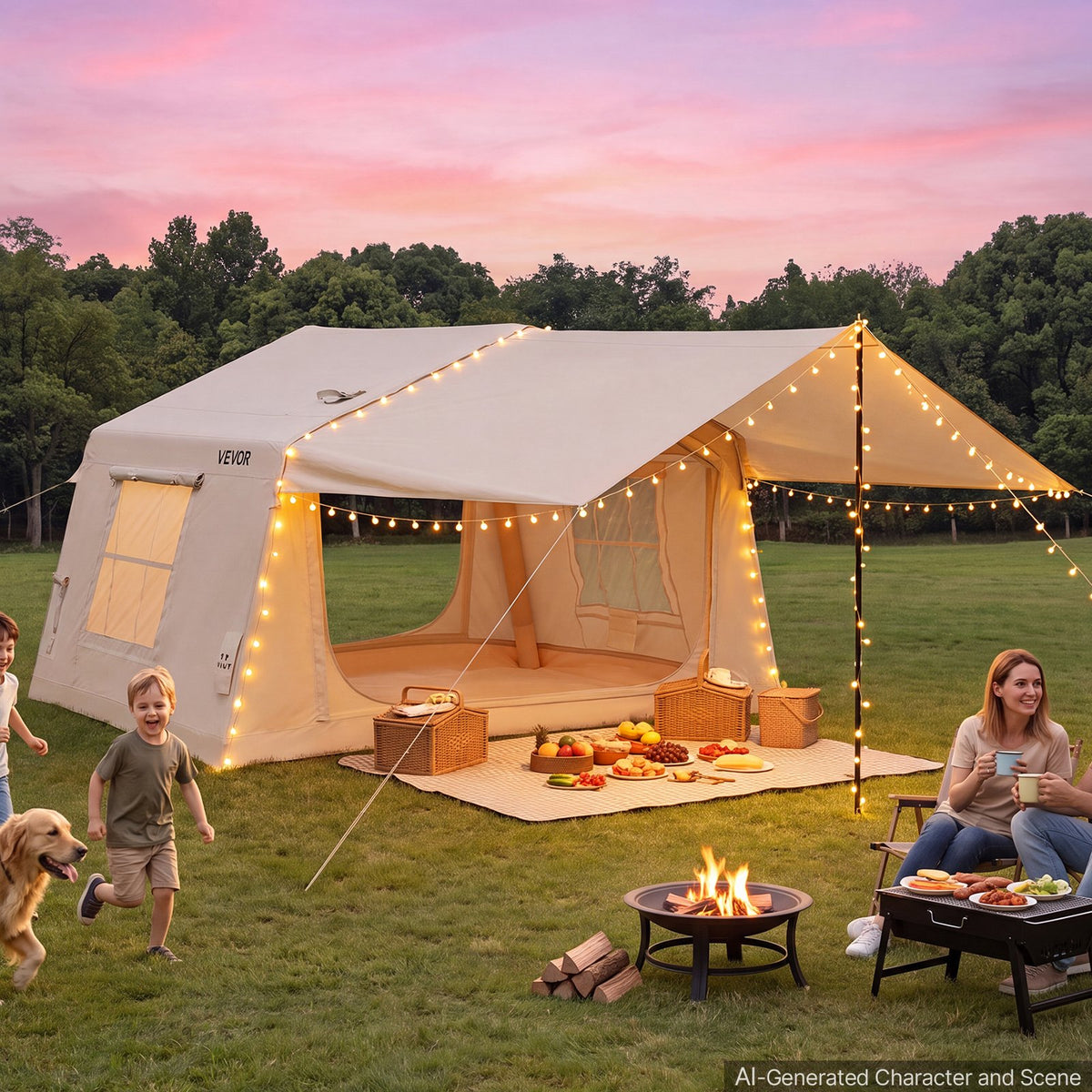 VEVOR Inflatable Tent for Camping 2-4 Person Blow Up Tent with Hand Pump, for Family Outdoor Glamping, Waterproof 420D Oxford, Easy Setup Air House with Skylight, Canopy, Stove Jack & Mesh Windows - CQSMGBMS8YTMRIB9L001V0 - view 9