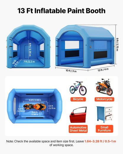 VEVOR Inflatable Paint Booth, 13 x 10 x 9 ft, Portable Spray Booth with 750W Powerful Blower and Large Filter Cotton, Arched Roof Blow Up Painting Tent for Bike, Motorcycle, and Furniture, Blue - CQSPQF13109FM3WJA001V1 - view 3