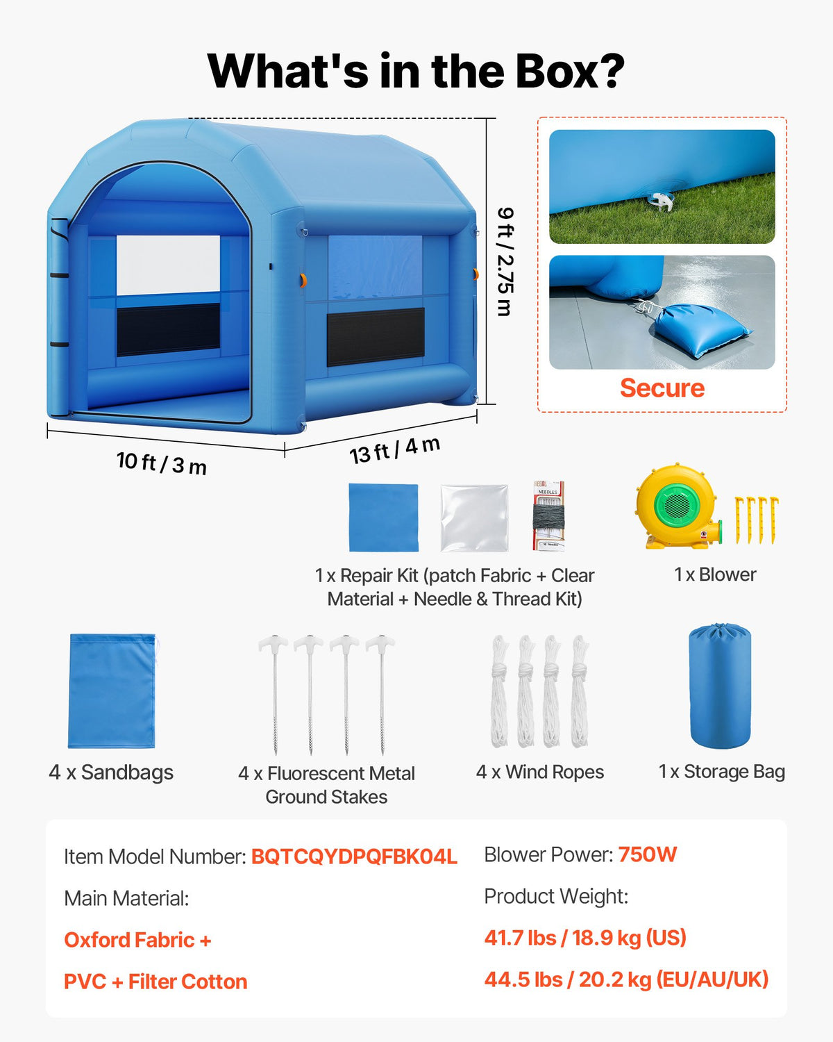 VEVOR Inflatable Paint Booth, 13 x 10 x 9 ft, Portable Spray Booth with 750W Powerful Blower and Large Filter Cotton, Arched Roof Blow Up Painting Tent for Bike, Motorcycle, and Furniture, Blue - CQSPQF13109FM3WJA001V1 - view 8