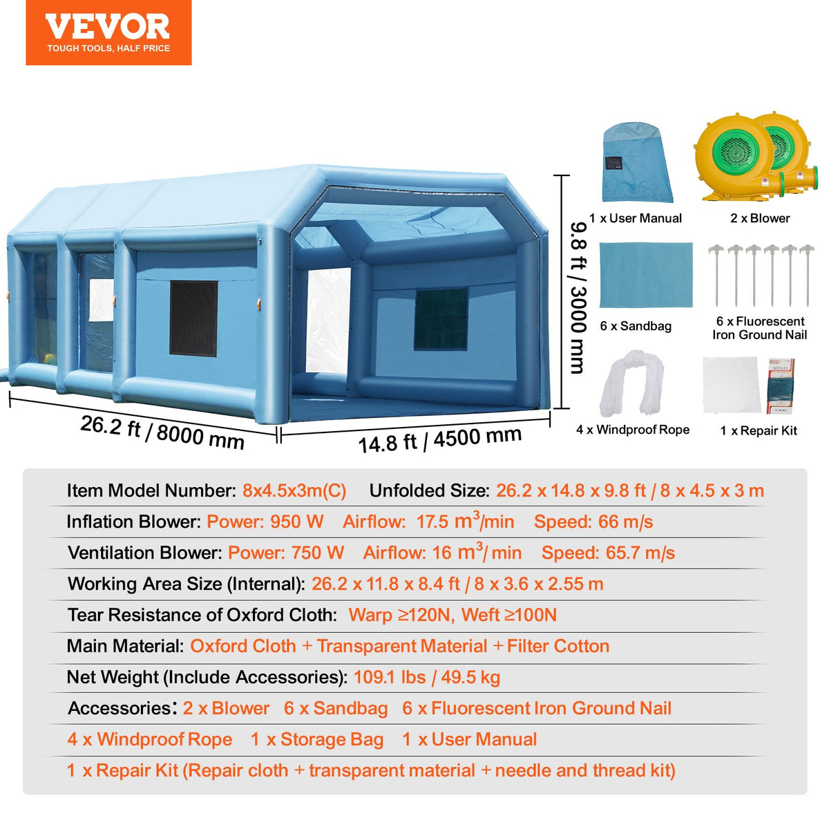 VEVOR Inflatable Paint Booth, 26.2 x 14.8 x 9.8 ft Inflatable Spray Booth, Portable Car Paint Booth for Small Truck, with 950W+750W Powerful Blowers and Air Filter System, Large Motorcycle, Midsize SU - CQSPQFLSKCGLK7J8AV1 - view 8