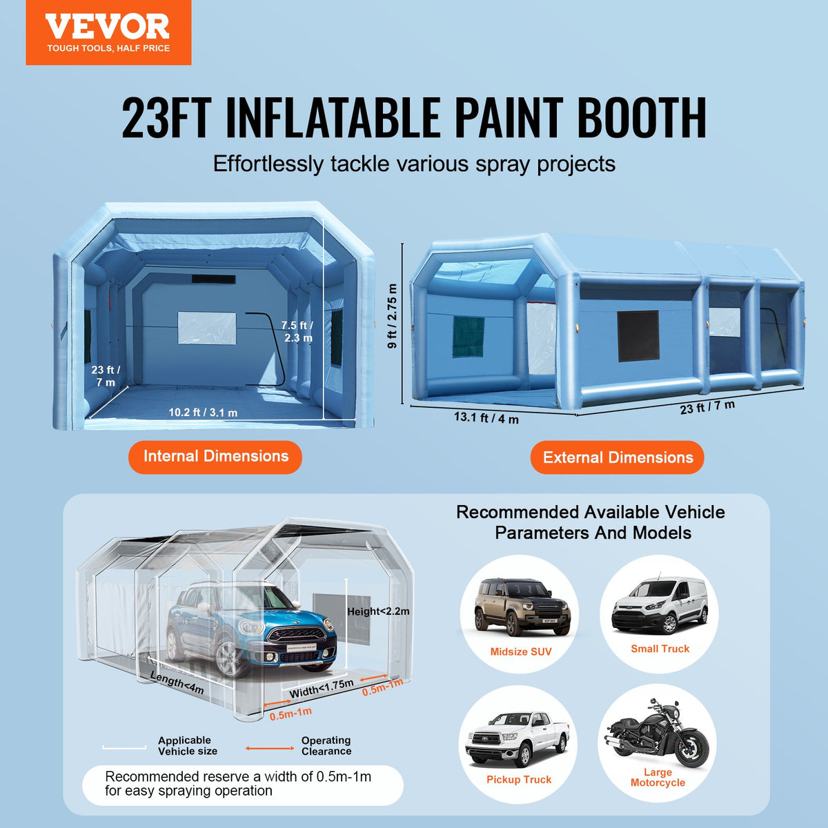 VEVOR Inflatable Paint Booth, 23 x 13.1 x 9 ft Inflatable Spray Booth, with 750W+480W Powerful Blowers and Air Filter System, Large Motorcycle, Portable Car Paint Booth for Small Truck, Midsize SUV - CQSPQFLSKCGLKCDG9V1 - view 3