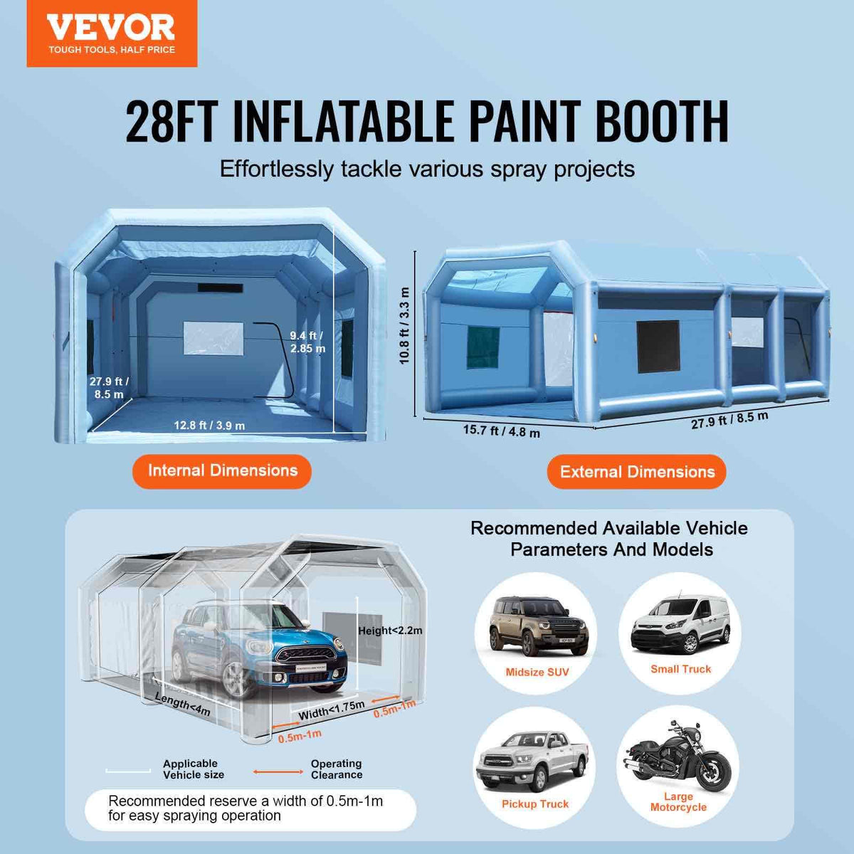 VEVOR Inflatable Paint Booth, 27.9 x 15.7 x 10.8 ft Inflatable Spray Booth, Portable Car Paint Booth for Small Truck, with 950W+750W Powerful Blowers and Air Filter System, Large Motorcycle, Midsize S - CQSPQFLSKCGLKHRPRV1 - view 3