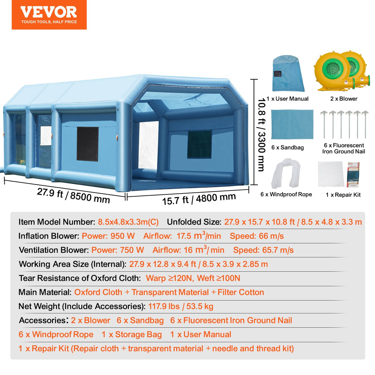 VEVOR Inflatable Paint Booth, 27.9 x 15.7 x 10.8 ft Inflatable Spray Booth, Portable Car Paint Booth for Small Truck, with 950W+750W Powerful Blowers and Air Filter System, Large Motorcycle, Midsize S - CQSPQFLSKCGLKHRPRV1 - view 8