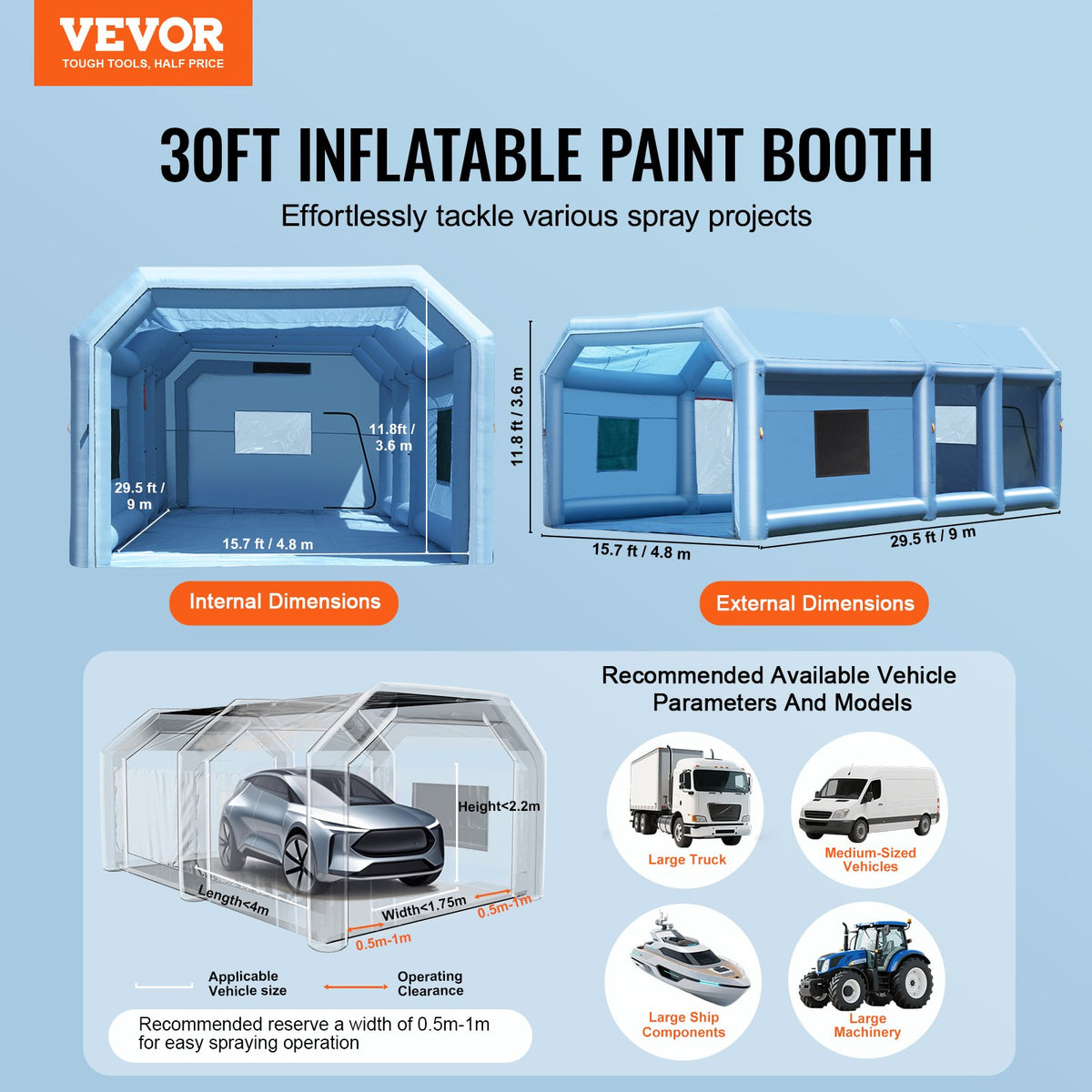 VEVOR Inflatable Paint Booth, 29.5 x 15.7 x 11.8 ft Inflatable Spray Booth, with 950W+750W Powerful Blowers and Air Filter System, Portable Car Paint Booth for Large Truck, Large Van, Large Machinery - CQSPQFLSKCGLKV62LV1 - view 3