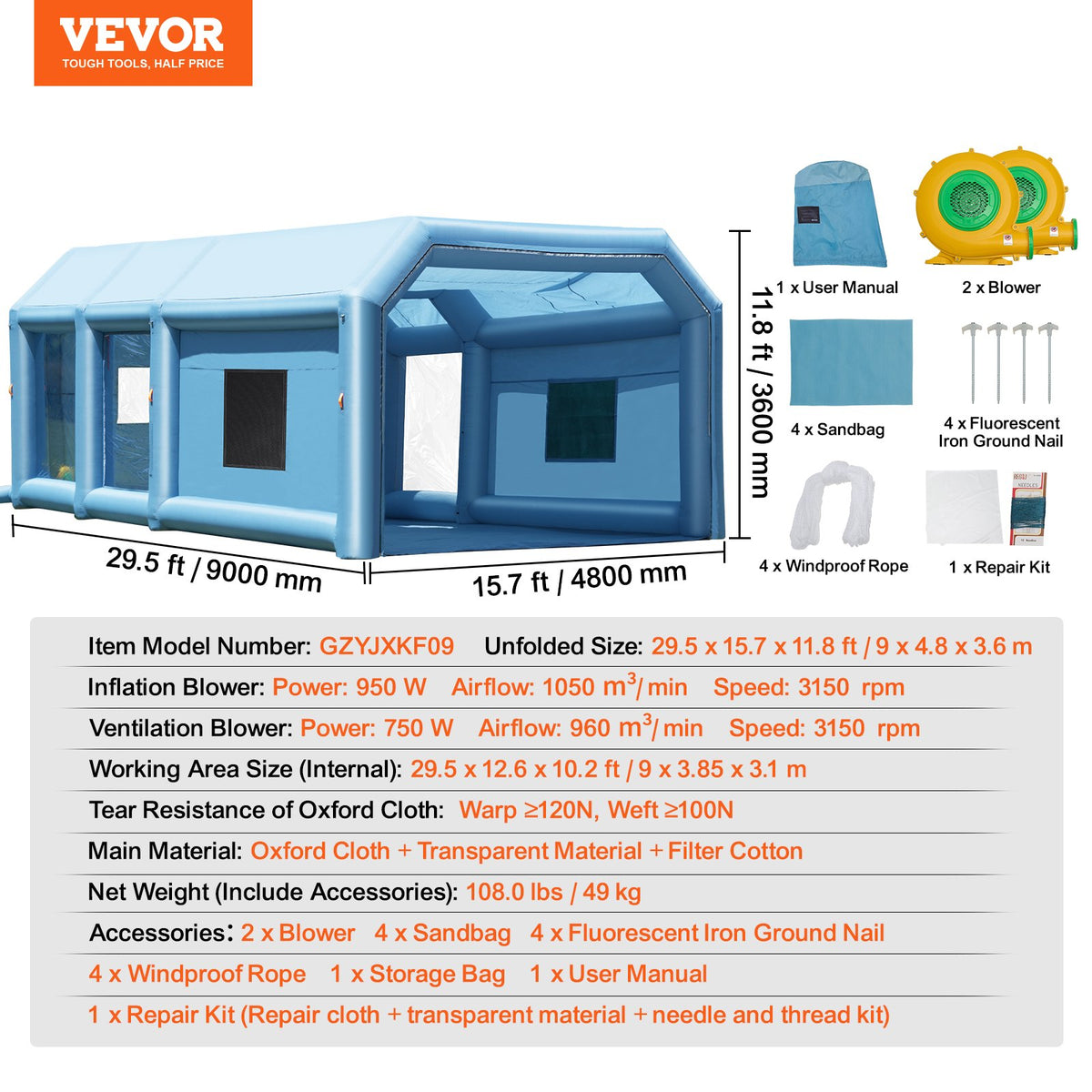 VEVOR Inflatable Paint Booth, 29.5 x 15.7 x 11.8 ft Inflatable Spray Booth, with 950W+750W Powerful Blowers and Air Filter System, Portable Car Paint Booth for Large Truck, Large Van, Large Machinery - CQSPQFLSKCGLKV62LV1 - view 8