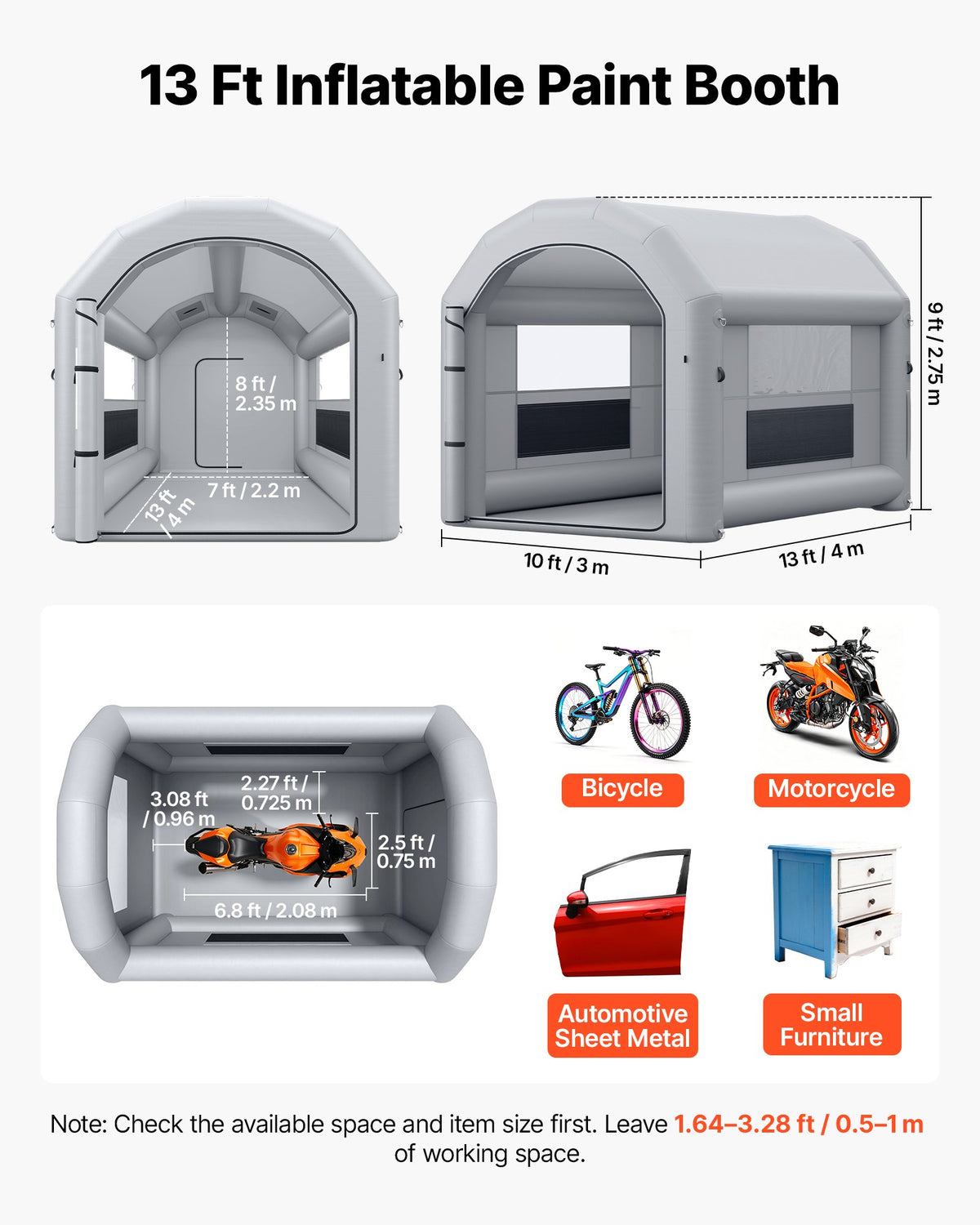 VEVOR Inflatable Paint Booth, 13 x 10 x 9 ft, Portable Spray Booth with 750W Powerful Blower and Large Filter Cotton, Arched Roof Blow Up Painting Tent for Bike, Motorcycle, and Furniture, Gray - CQSPQFWGJF13MBNWX001V1 - view 3