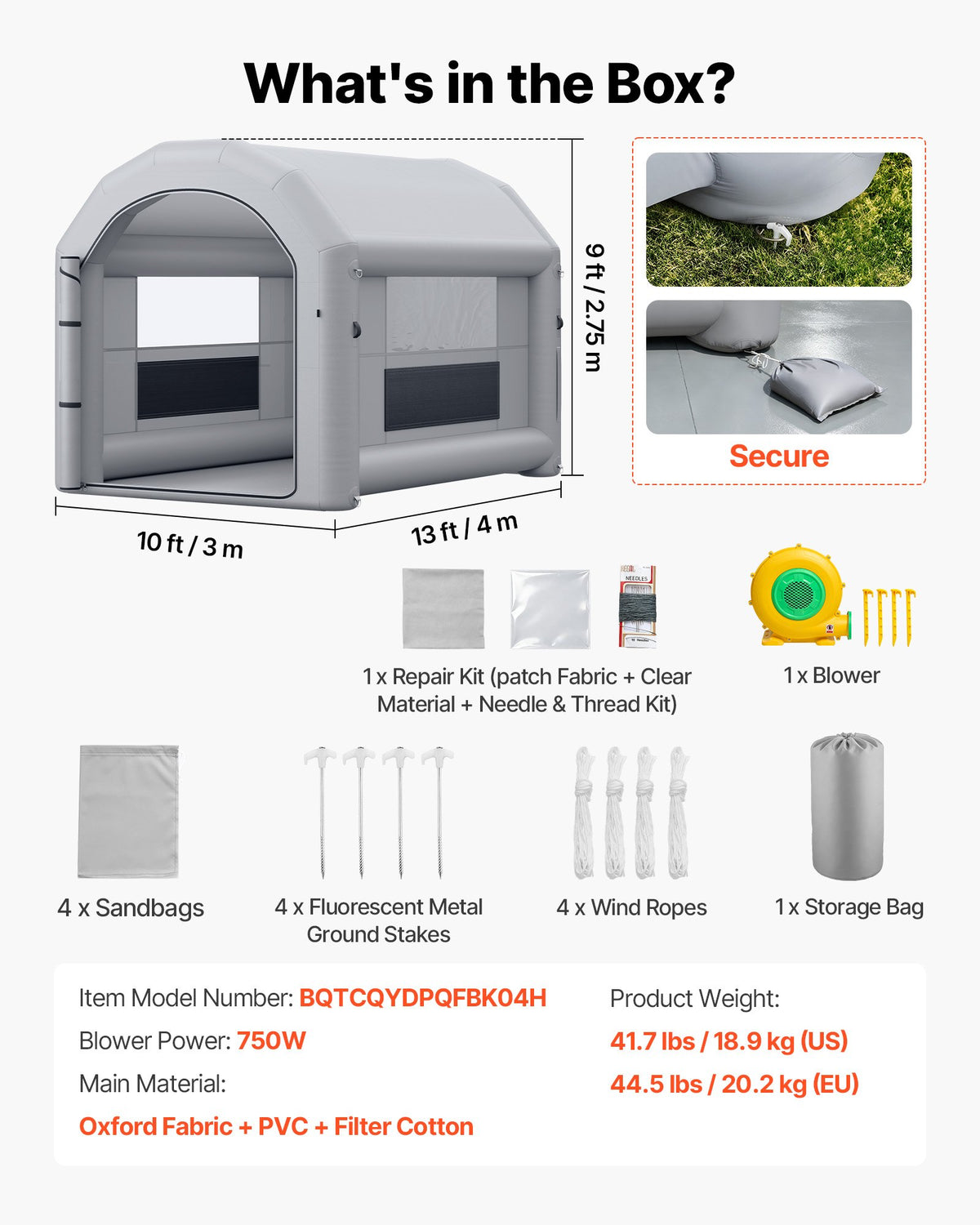 VEVOR Inflatable Paint Booth, 13 x 10 x 9 ft, Portable Spray Booth with 750W Powerful Blower and Large Filter Cotton, Arched Roof Blow Up Painting Tent for Bike, Motorcycle, and Furniture, Gray - CQSPQFWGJF13MBNWX001V1 - view 8