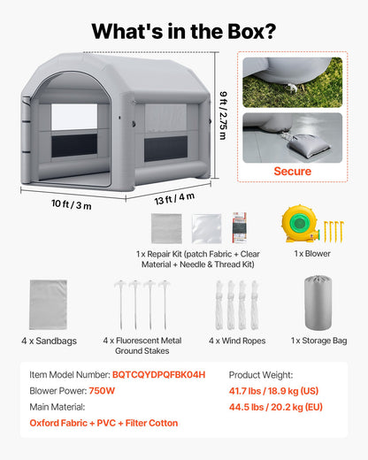 VEVOR Inflatable Paint Booth, 13 x 10 x 9 ft, Portable Spray Booth with 750W Powerful Blower and Large Filter Cotton, Arched Roof Blow Up Painting Tent for Bike, Motorcycle, and Furniture, Gray - CQSPQFWGJF13MBNWX001V1 - view 8