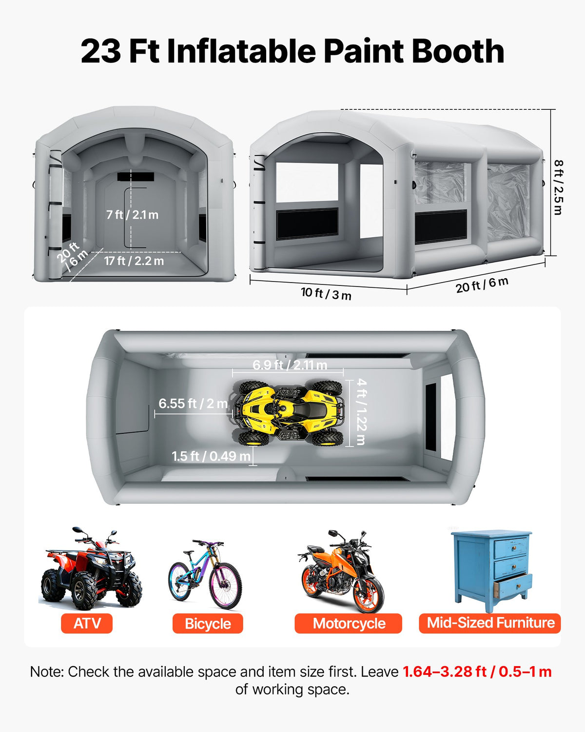 VEVOR Inflatable Paint Booth, 20 x 10 x 8 ft, Portable Spray Booth with 480W+750W Blowers and Large Filter Cotton, Arched Roof Blow Up Painting Tent for ATV, Motorcycle, and Medium Furniture, Gray - CQSPQFWGJF209U0ZR001V1 - view 3