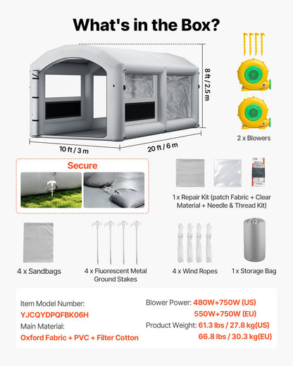 VEVOR Inflatable Paint Booth, 20 x 10 x 8 ft, Portable Spray Booth with 480W+750W Blowers and Large Filter Cotton, Arched Roof Blow Up Painting Tent for ATV, Motorcycle, and Medium Furniture, Gray - CQSPQFWGJF209U0ZR001V1 - view 8