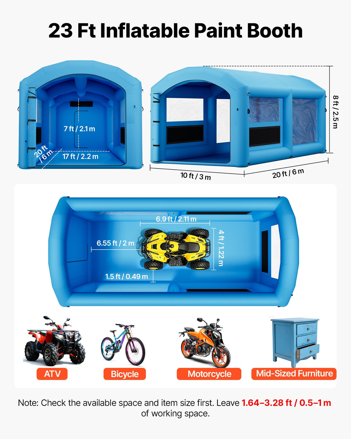 VEVOR Inflatable Paint Booth, 20 x 10 x 8 ft, Portable Spray Booth with 480W+750W Blowers and Large Filter Cotton, Arched Roof Blow Up Painting Tent for ATV, Motorcycle, and Medium Furniture, Blue - CQSPQFWGJF20TX6XR001V1 - view 3