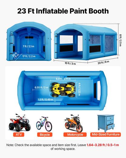 VEVOR Inflatable Paint Booth, 20 x 10 x 8 ft, Portable Spray Booth with 480W+750W Blowers and Large Filter Cotton, Arched Roof Blow Up Painting Tent for ATV, Motorcycle, and Medium Furniture, Blue - CQSPQFWGJF20TX6XR001V1 - view 3