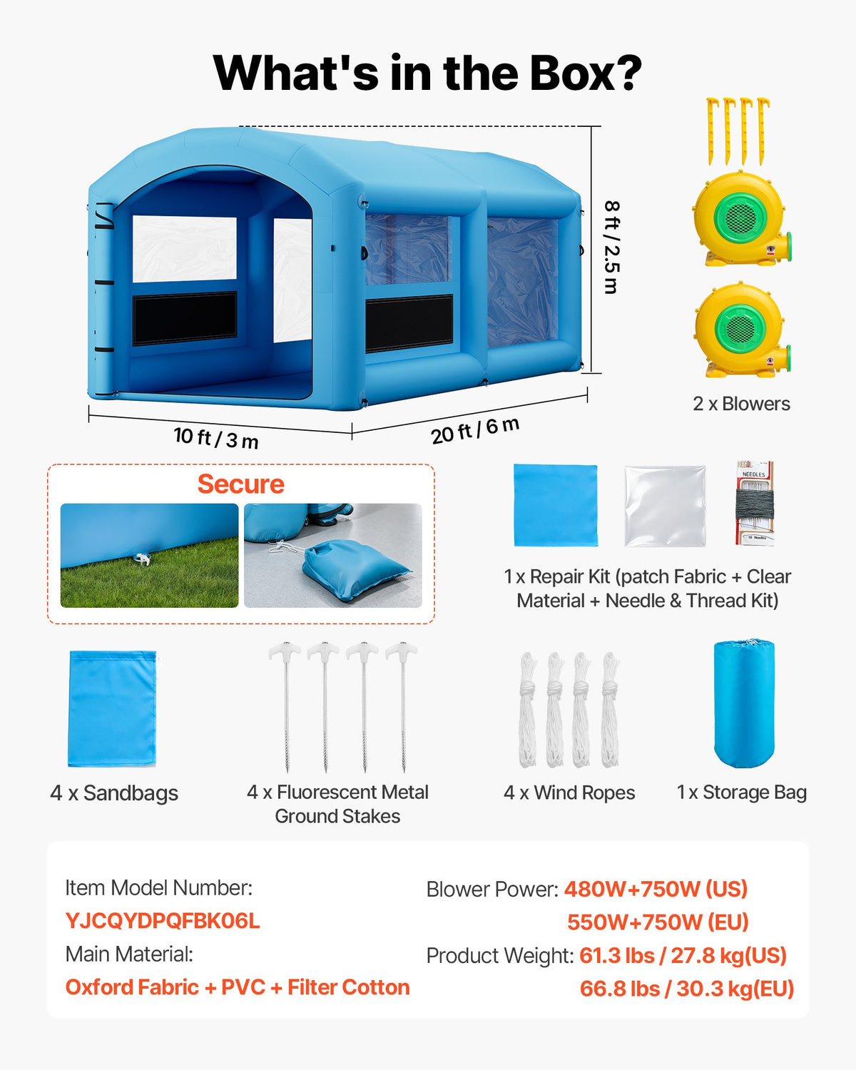 VEVOR Inflatable Paint Booth, 20 x 10 x 8 ft, Portable Spray Booth with 480W+750W Blowers and Large Filter Cotton, Arched Roof Blow Up Painting Tent for ATV, Motorcycle, and Medium Furniture, Blue - CQSPQFWGJF20TX6XR001V1 - view 8