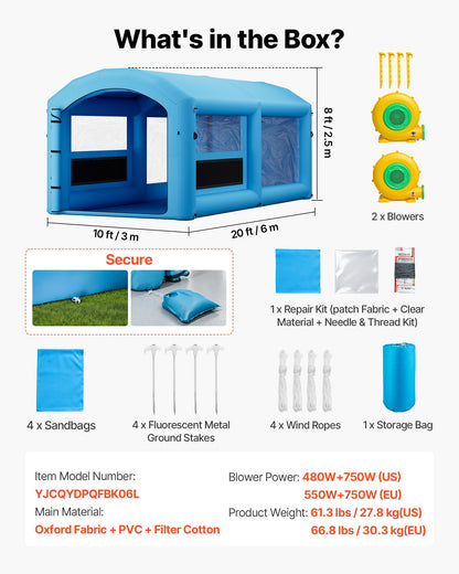 VEVOR Inflatable Paint Booth, 20 x 10 x 8 ft, Portable Spray Booth with 480W+750W Blowers and Large Filter Cotton, Arched Roof Blow Up Painting Tent for ATV, Motorcycle, and Medium Furniture, Blue - CQSPQFWGJF20TX6XR001V1 - view 8