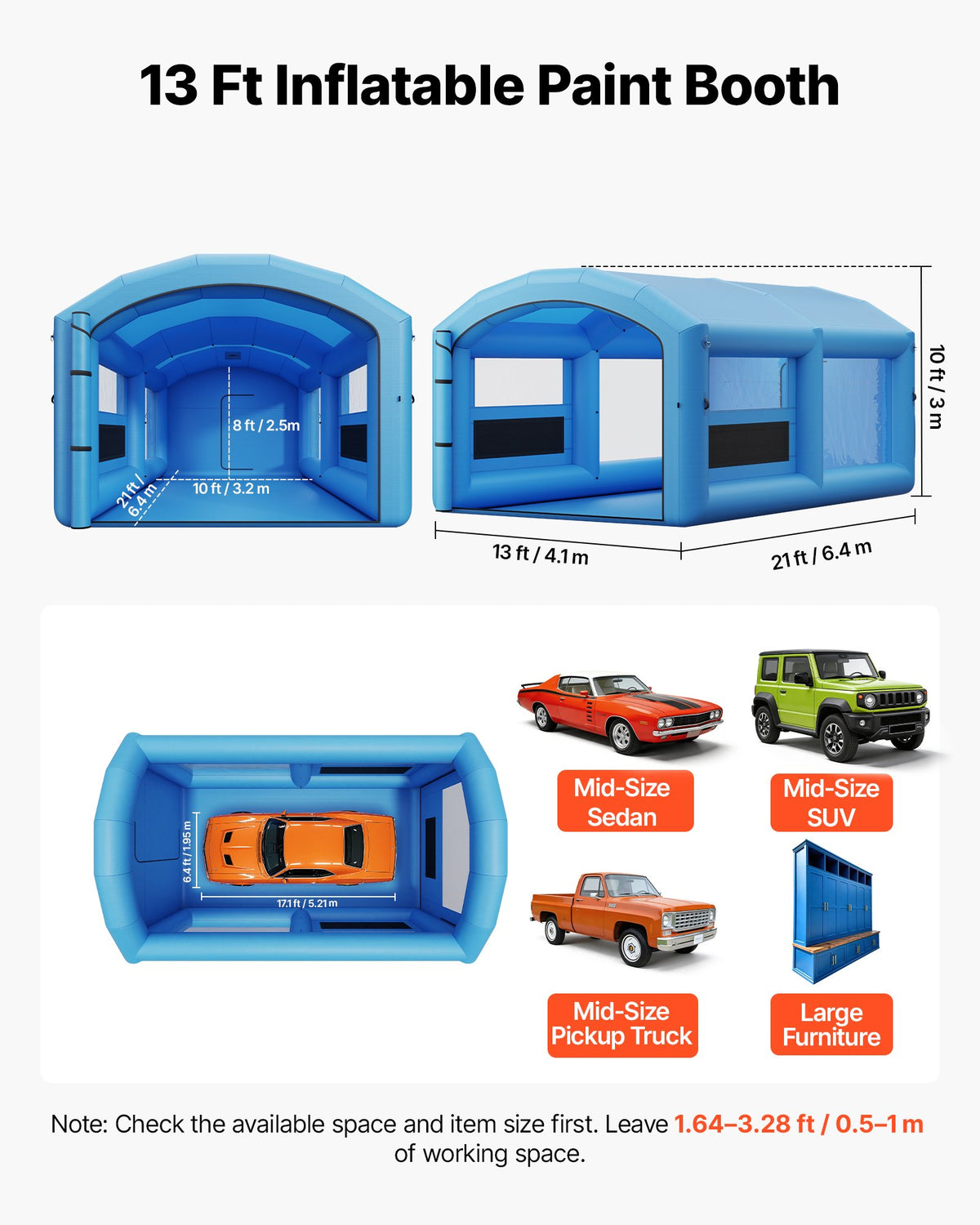 VEVOR Inflatable Paint Booth, 21 x 13 x 10 ft, Portable Spray Booth with 1100W Powerful Blower and Large Filter Cotton, Arched Roof Blow Up Painting Tent for Mid-Size Pickup Truck, Large Furniture - CQSPQFWGJF214XKOX001V1 - view 3