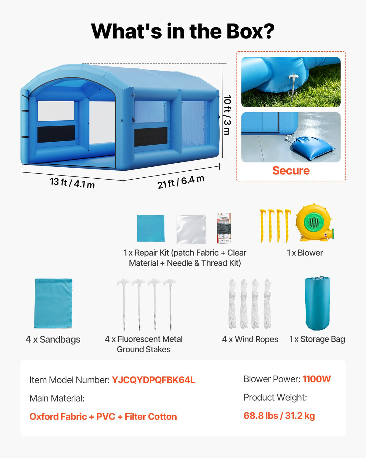 VEVOR Inflatable Paint Booth, 21 x 13 x 10 ft, Portable Spray Booth with 1100W Powerful Blower and Large Filter Cotton, Arched Roof Blow Up Painting Tent for Mid-Size Pickup Truck, Large Furniture - CQSPQFWGJF214XKOX001V1 - view 8