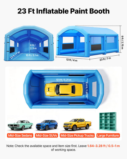 VEVOR Inflatable Paint Booth, 23 x 13 x 9 ft, Portable Spray Booth with 480W+750W Blowers and Large Filter Cotton, Arched Roof Blow Up Painting Tent for Mid-Size Pickup Truck, Large Furniture, Blue - CQSPQFWGJF23ZIQT3001V1 - view 3