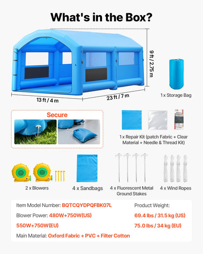VEVOR Inflatable Paint Booth, 23 x 13 x 9 ft, Portable Spray Booth with 480W+750W Blowers and Large Filter Cotton, Arched Roof Blow Up Painting Tent for Mid-Size Pickup Truck, Large Furniture, Blue - CQSPQFWGJF23ZIQT3001V1 - view 8