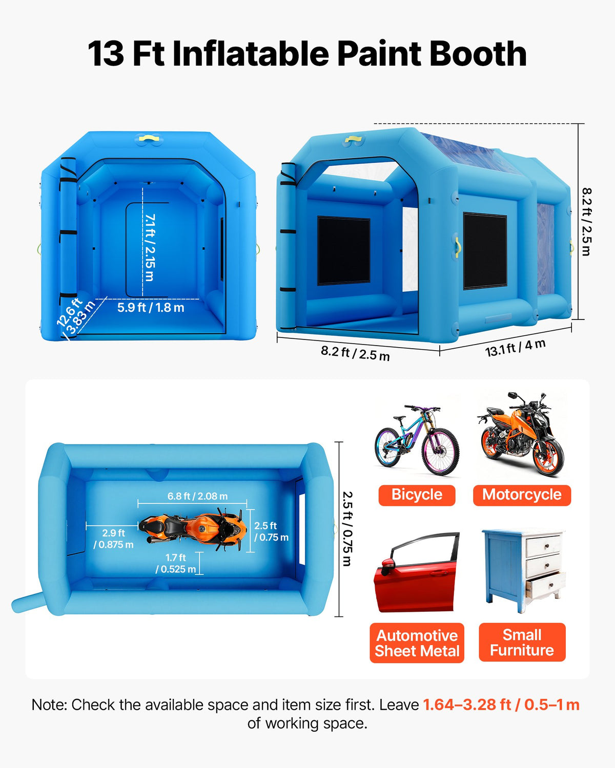VEVOR Inflatable Paint Booth, 13.1 x 8.2 x 8.2 ft, Portable Spray Booth with 750W Powerful Blower and Large Filter Cotton, Blow Up Painting Tent for Bike, Motorcycle, and Small Furniture, Blue - CQSPQFYGJF136R7U9001V1 - view 3