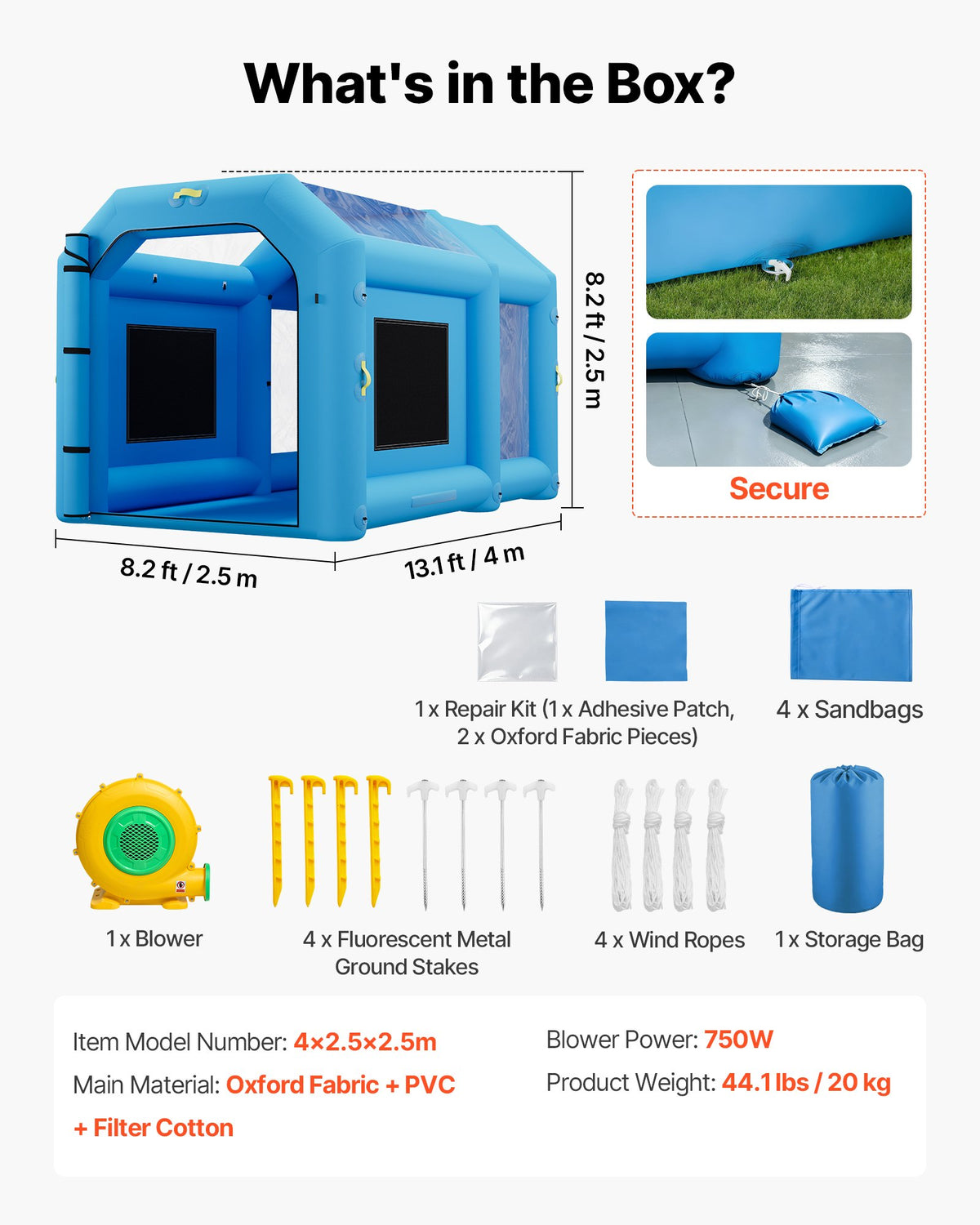 VEVOR Inflatable Paint Booth, 13.1 x 8.2 x 8.2 ft, Portable Spray Booth with 750W Powerful Blower and Large Filter Cotton, Blow Up Painting Tent for Bike, Motorcycle, and Small Furniture, Blue - CQSPQFYGJF136R7U9001V1 - view 8