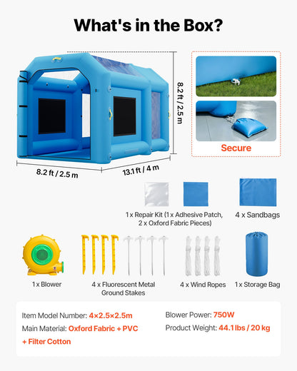 VEVOR Inflatable Paint Booth, 13.1 x 8.2 x 8.2 ft, Portable Spray Booth with 750W Powerful Blower and Large Filter Cotton, Blow Up Painting Tent for Bike, Motorcycle, and Small Furniture, Blue - CQSPQFYGJF136R7U9001V1 - view 8
