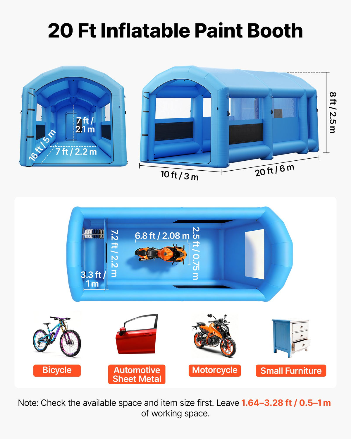 VEVOR Inflatable Paint Booth, 20 x 10 x 8 ft, Portable Spray Booth with 480W+750W Blowers, Large Filter Cotton, Changing Area, Arched Roof Painting Tent for Bike, Motorcycle, and Furniture, Blue - CQSPQFYGJF20NYN0P001V1 - view 3