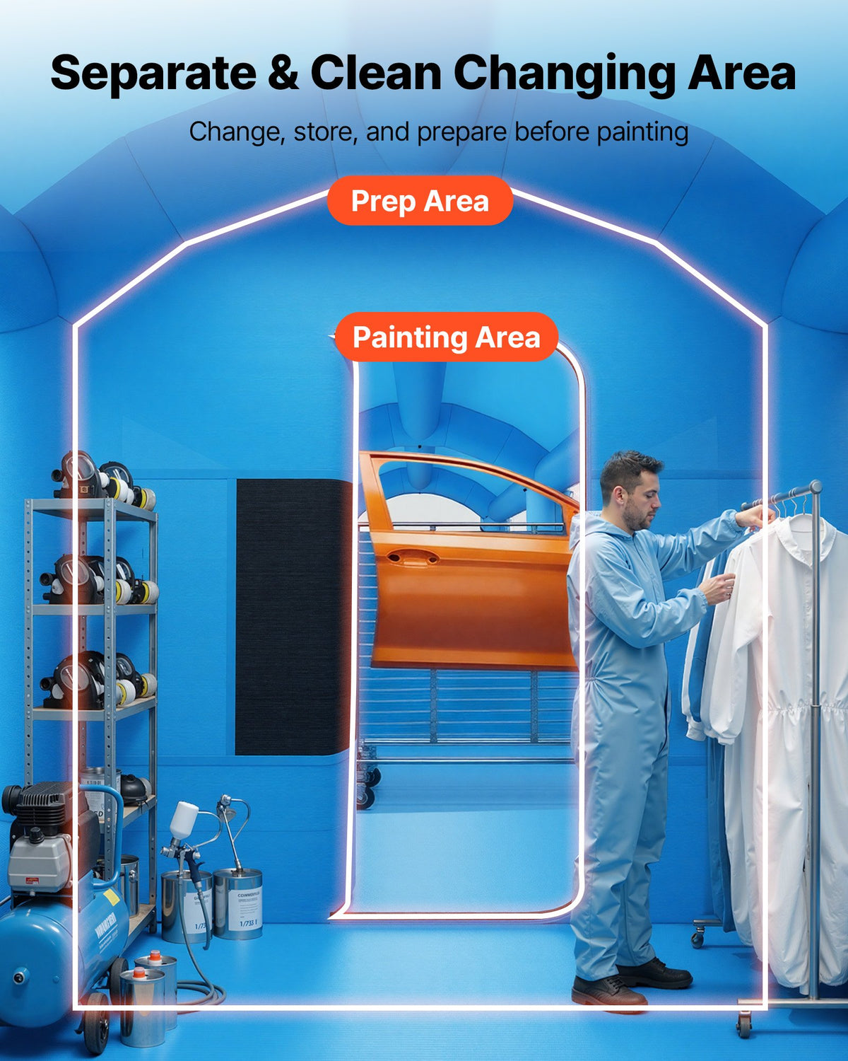 VEVOR Inflatable Paint Booth, 20 x 10 x 8 ft, Portable Spray Booth with 480W+750W Blowers, Large Filter Cotton, Changing Area, Arched Roof Painting Tent for Bike, Motorcycle, and Furniture, Blue - CQSPQFYGJF20NYN0P001V1 - view 5