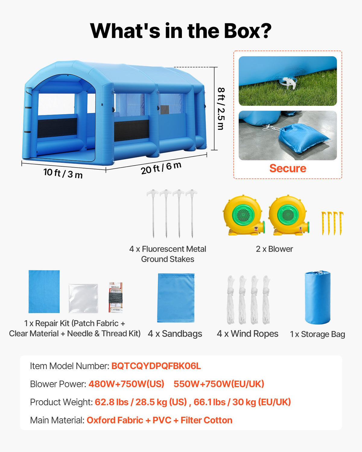 VEVOR Inflatable Paint Booth, 20 x 10 x 8 ft, Portable Spray Booth with 480W+750W Blowers, Large Filter Cotton, Changing Area, Arched Roof Painting Tent for Bike, Motorcycle, and Furniture, Blue - CQSPQFYGJF20NYN0P001V1 - view 8