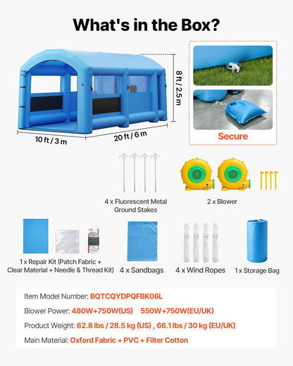 VEVOR Inflatable Paint Booth, 20 x 10 x 8 ft, Portable Spray Booth with 480W+750W Blowers, Large Filter Cotton, Changing Area, Arched Roof Painting Tent for Bike, Motorcycle, and Furniture, Blue - CQSPQFYGJF20NYN0P001V1 - view 8