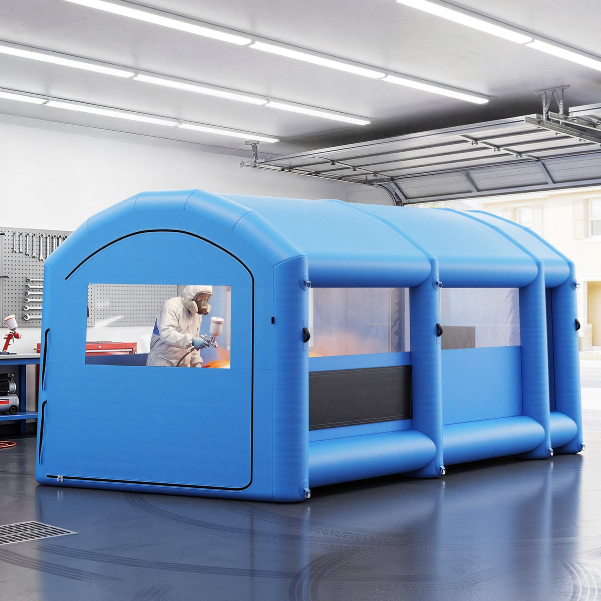 VEVOR Inflatable Paint Booth, 20 x 10 x 8 ft, Portable Spray Booth with 480W+750W Blowers, Large Filter Cotton, Changing Area, Arched Roof Painting Tent for Bike, Motorcycle, and Furniture, Blue - CQSPQFYGJF20NYN0P001V1 - view 9