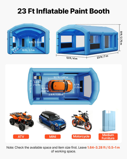 VEVOR Inflatable Paint Booth, 23 x 13 x 9 ft, Portable Spray Booth with 480W+750W Blowers, Large Filter Cotton, Changing Area, Arched Roof Painting Tent for ATV, Motorcycle, Medium Furniture, Blue - CQSPQFYGJF235U73C001V1 - view 3