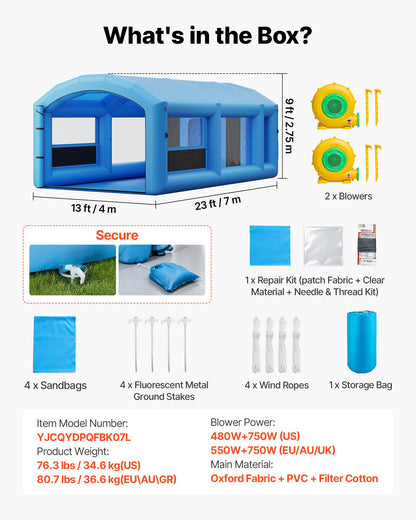 VEVOR Inflatable Paint Booth, 23 x 13 x 9 ft, Portable Spray Booth with 480W+750W Blowers, Large Filter Cotton, Changing Area, Arched Roof Painting Tent for ATV, Motorcycle, Medium Furniture, Blue - CQSPQFYGJF235U73C001V1 - view 8