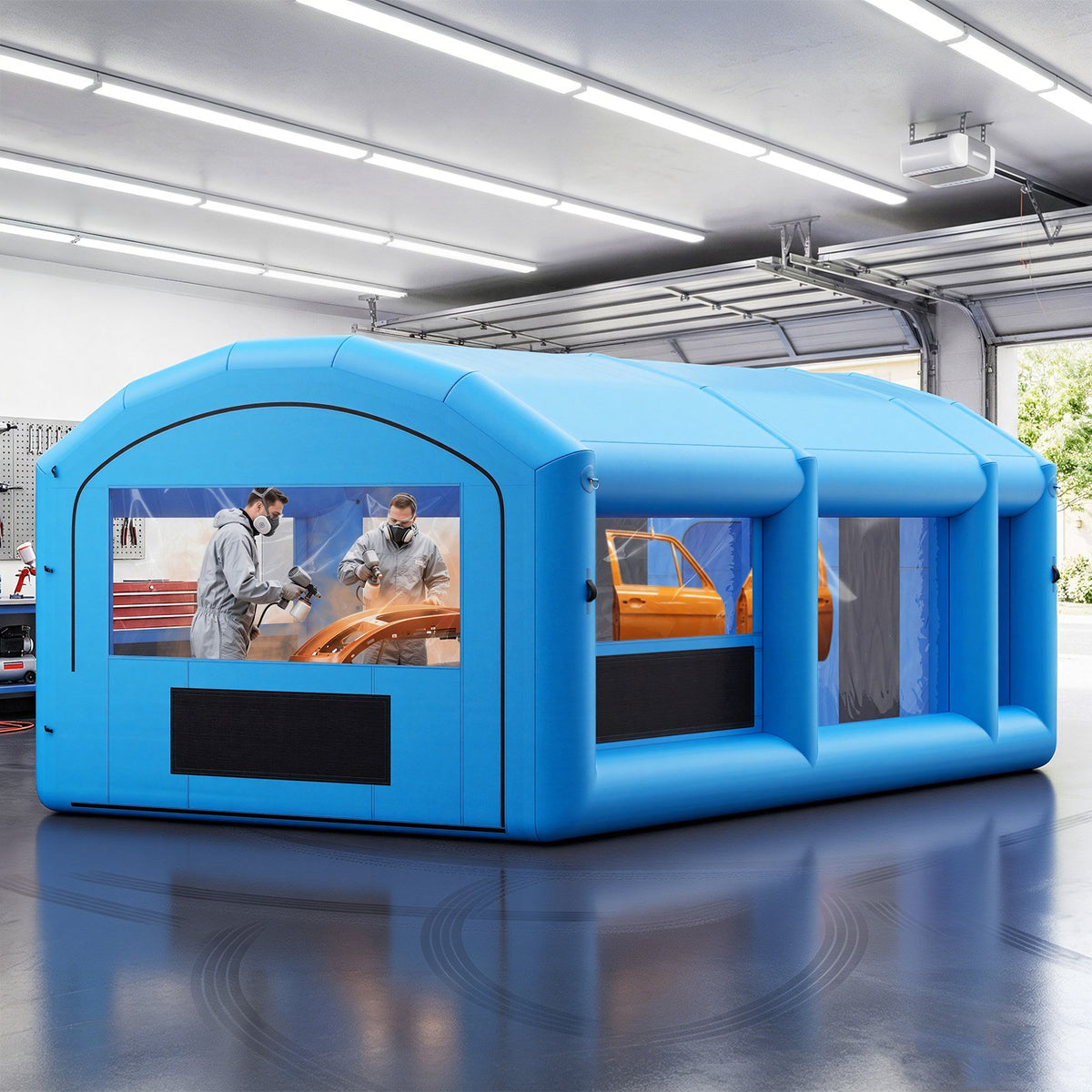 VEVOR Inflatable Paint Booth, 23 x 13 x 9 ft, Portable Spray Booth with 480W+750W Blowers, Large Filter Cotton, Changing Area, Arched Roof Painting Tent for ATV, Motorcycle, Medium Furniture, Blue - CQSPQFYGJF235U73C001V1 - view 9