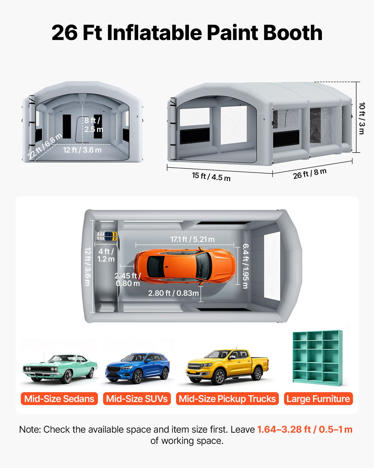 VEVOR Inflatable Paint Booth, 26 x 15 x 10 ft, Portable Spray Booth with 750W+950W Blowers, Large Filter Cotton, Changing Area, Arched Roof Painting Tent for Mid-Size Pickup, Large Furniture, Gray - CQSPQFYGJF26BR01C001V1 - view 3