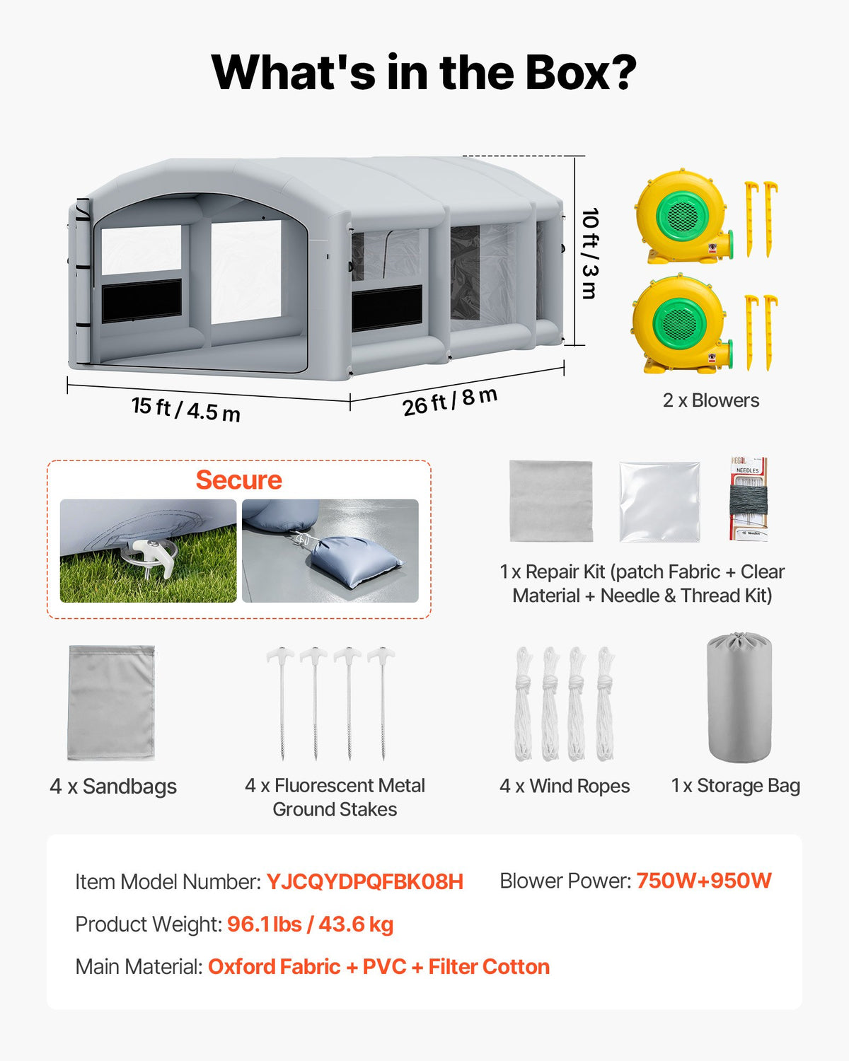 VEVOR Inflatable Paint Booth, 26 x 15 x 10 ft, Portable Spray Booth with 750W+950W Blowers, Large Filter Cotton, Changing Area, Arched Roof Painting Tent for Mid-Size Pickup, Large Furniture, Gray - CQSPQFYGJF26BR01C001V1 - view 8