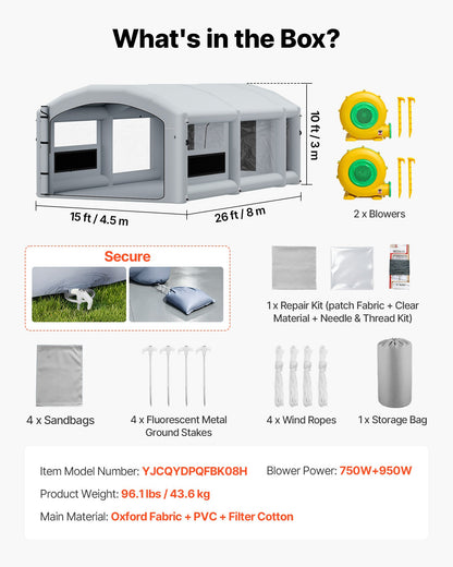 VEVOR Inflatable Paint Booth, 26 x 15 x 10 ft, Portable Spray Booth with 750W+950W Blowers, Large Filter Cotton, Changing Area, Arched Roof Painting Tent for Mid-Size Pickup, Large Furniture, Gray - CQSPQFYGJF26BR01C001V1 - view 8
