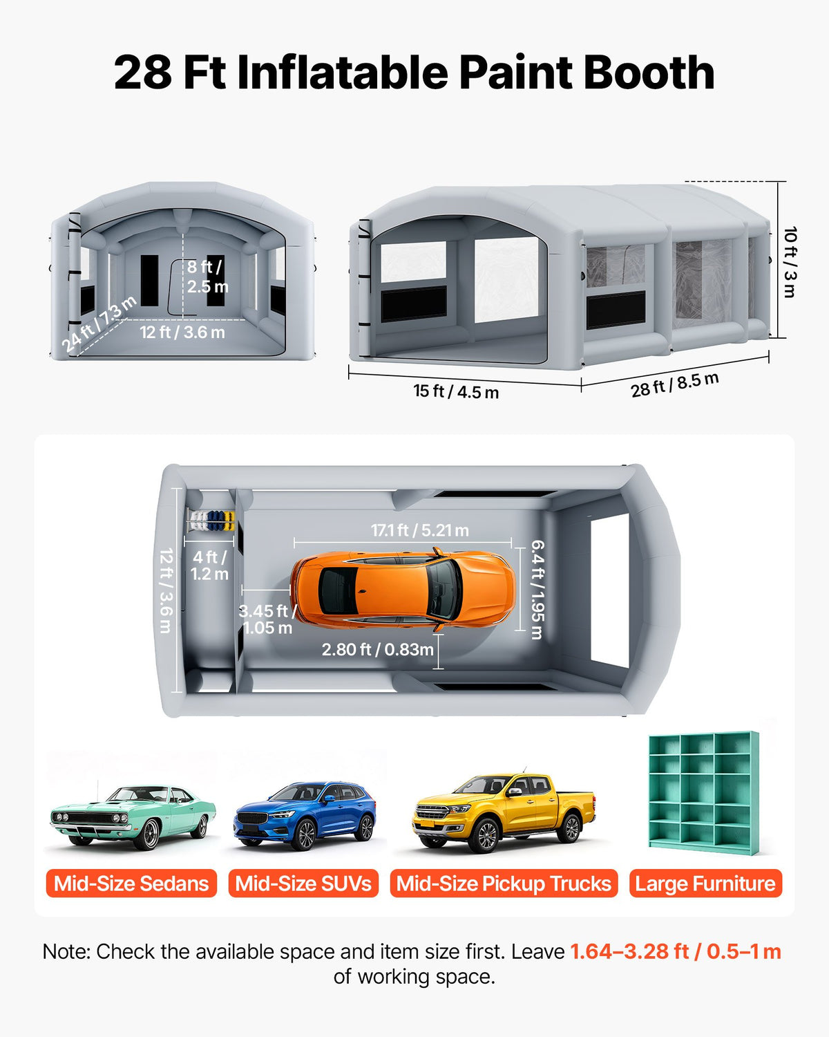 VEVOR Inflatable Paint Booth, 28 x 15 x 10 ft, Portable Spray Booth with 750W+950W Blowers, Large Filter Cotton, Changing Area, Arched Roof Painting Tent for Mid-Size Pickup, Large Furniture, Gray - CQSPQFYGJF28BHFTG001V1 - view 3