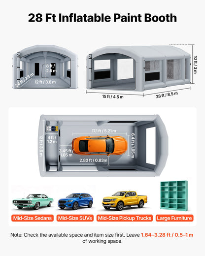 VEVOR Inflatable Paint Booth, 28 x 15 x 10 ft, Portable Spray Booth with 750W+950W Blowers, Large Filter Cotton, Changing Area, Arched Roof Painting Tent for Mid-Size Pickup, Large Furniture, Gray - CQSPQFYGJF28BHFTG001V1 - view 3