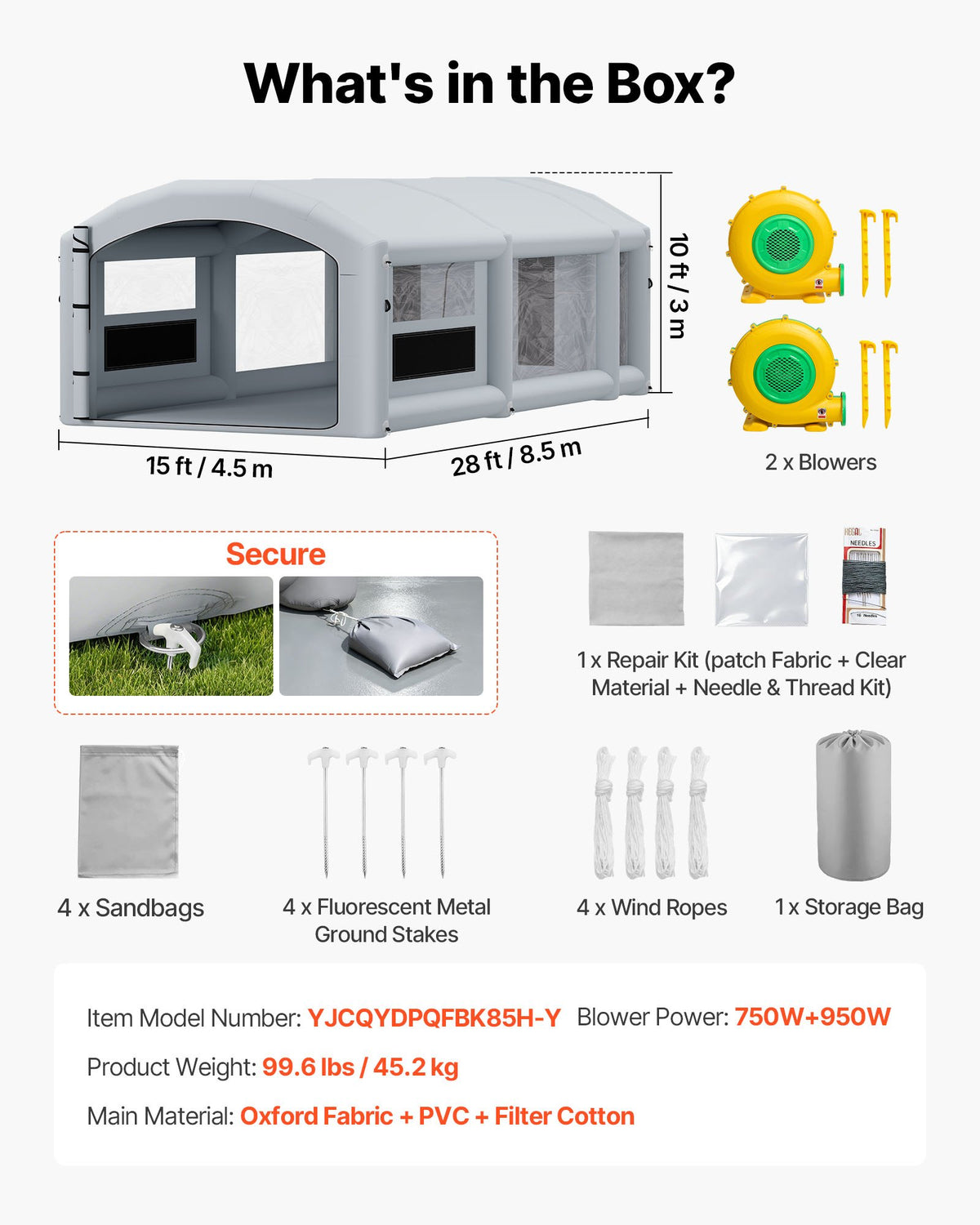 VEVOR Inflatable Paint Booth, 28 x 15 x 10 ft, Portable Spray Booth with 750W+950W Blowers, Large Filter Cotton, Changing Area, Arched Roof Painting Tent for Mid-Size Pickup, Large Furniture, Gray - CQSPQFYGJF28BHFTG001V1 - view 8