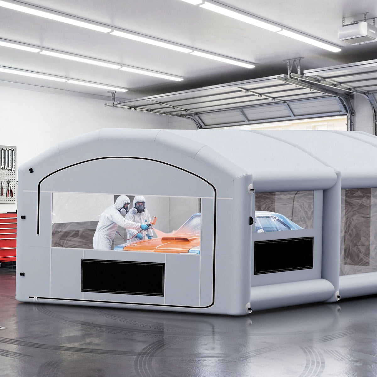 VEVOR Inflatable Paint Booth, 28 x 15 x 10 ft, Portable Spray Booth with 750W+950W Blowers, Large Filter Cotton, Changing Area, Arched Roof Painting Tent for Mid-Size Pickup, Large Furniture, Gray - CQSPQFYGJF28BHFTG001V1 - view 9