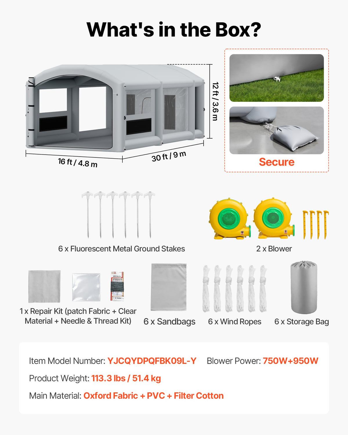 VEVOR Inflatable Paint Booth, 30 x 16 x 12 ft, Portable Spray Booth with 750W+950W Blowers, Large Filter Cotton, Changing Area, Arched Roof Painting Tent for Full-Size Pickup, Small Speedboat, Gray - CQSPQFYGJF3010DDD001V1 - view 8