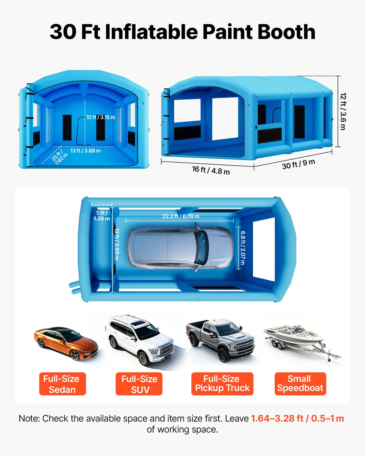 VEVOR Inflatable Paint Booth, 30 x 16 x 12 ft, Portable Spray Booth with 750W+950W Blowers, Large Filter Cotton, Changing Area, Arched Roof Painting Tent for Full-Size Pickup, Small Speedboat, Blue - CQSPQFYGJF30P2OU9001V1 - view 3