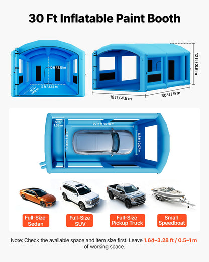 VEVOR Inflatable Paint Booth, 30 x 16 x 12 ft, Portable Spray Booth with 750W+950W Blowers, Large Filter Cotton, Changing Area, Arched Roof Painting Tent for Full-Size Pickup, Small Speedboat, Blue - CQSPQFYGJF30P2OU9001V1 - view 3