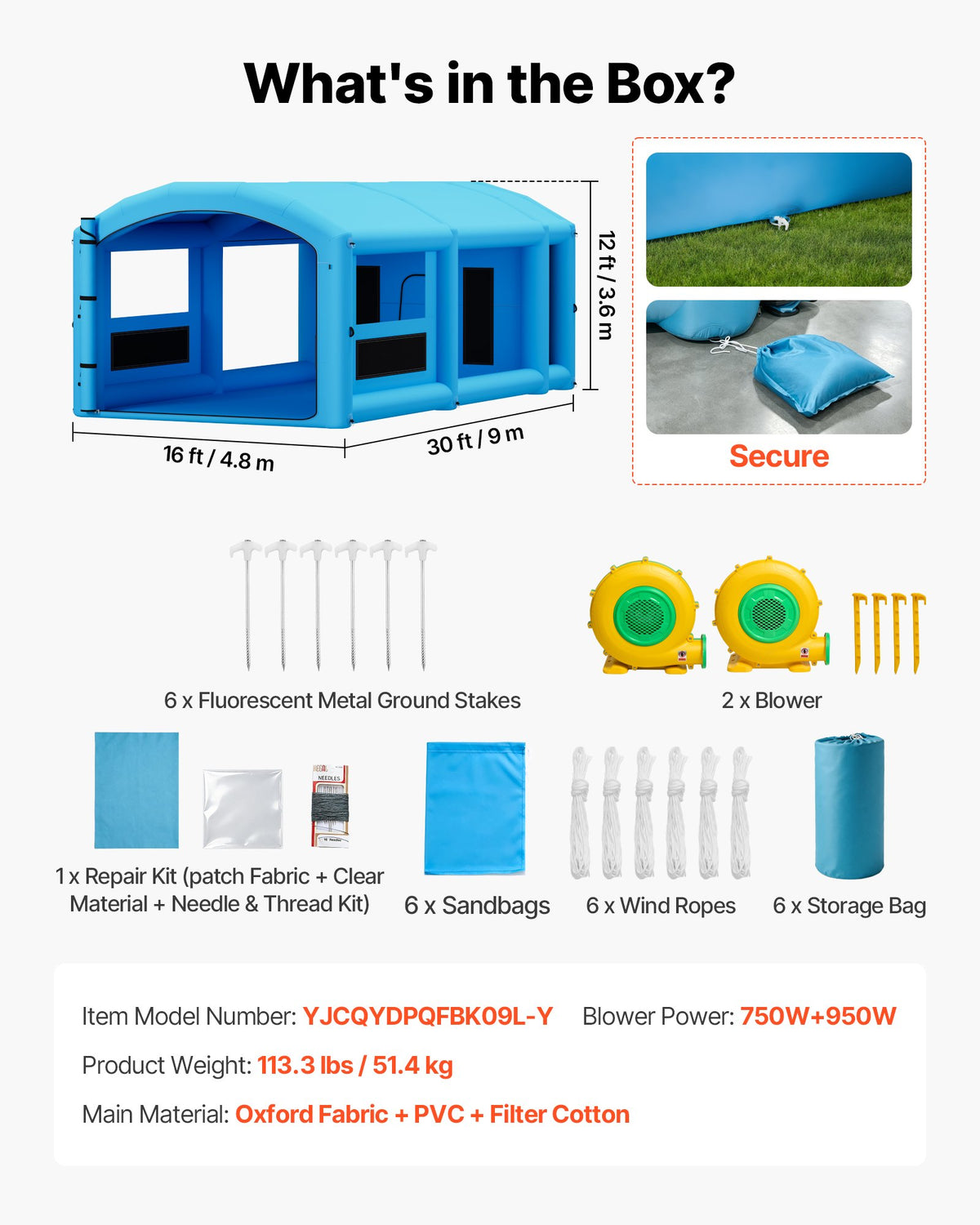 VEVOR Inflatable Paint Booth, 30 x 16 x 12 ft, Portable Spray Booth with 750W+950W Blowers, Large Filter Cotton, Changing Area, Arched Roof Painting Tent for Full-Size Pickup, Small Speedboat, Blue - CQSPQFYGJF30P2OU9001V1 - view 8