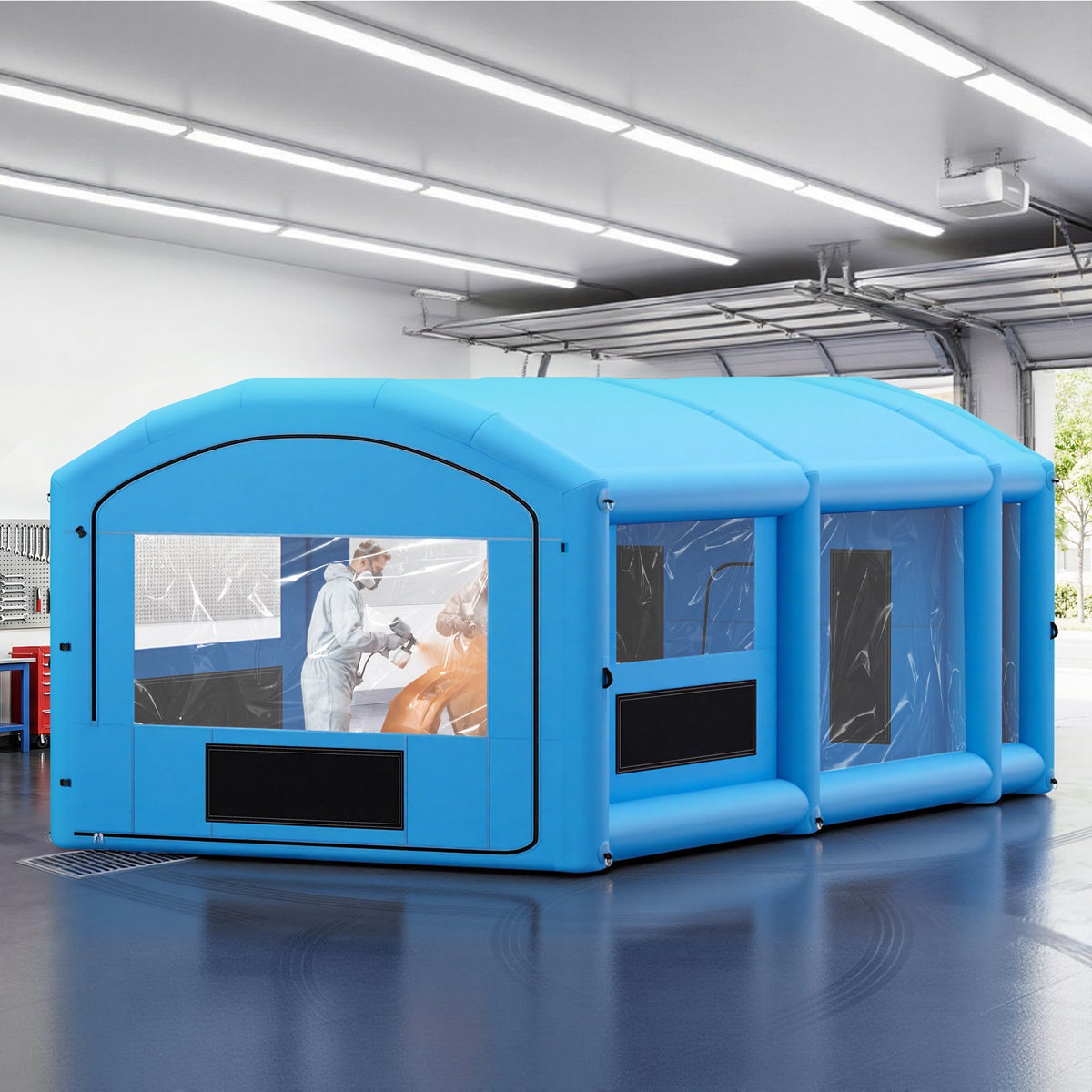 VEVOR Inflatable Paint Booth, 30 x 16 x 12 ft, Portable Spray Booth with 750W+950W Blowers, Large Filter Cotton, Changing Area, Arched Roof Painting Tent for Full-Size Pickup, Small Speedboat, Blue - CQSPQFYGJF30P2OU9001V1 - view 9