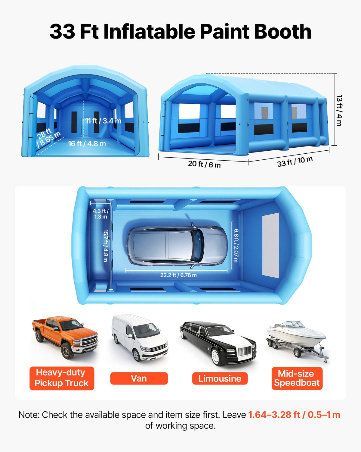 VEVOR Inflatable Paint Booth, 33 x 20 x 13 ft, Portable Spray Booth with 950W+1100W Blowers, Large Filter Cotton, Changing Area, Arched Roof Painting Tent for Full-Size Pickup Truck, Small Speedboat - CQSPQFYGJF3394QHS001V1 - view 3